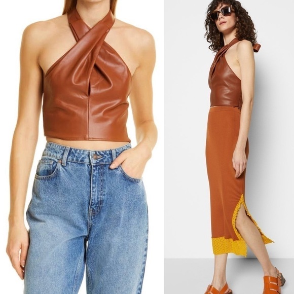 NWT STAUD 70s Vegan Leather Keyhole Twist Front Open Back Halter Tie Crop Top 10 - Picture 5 of 17